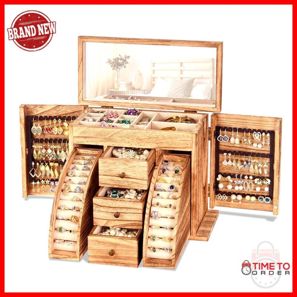 Large Solid Wood Jewelry Box with Mirror, 3 Drawers, Rustic Style Organizer